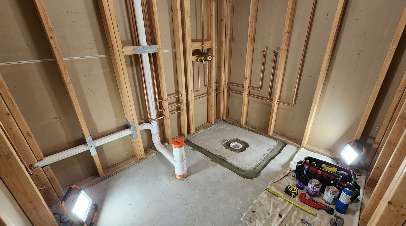 Bathroom rough-in plumbing during remodel by Johns Plumbing LLC in Estell Manor