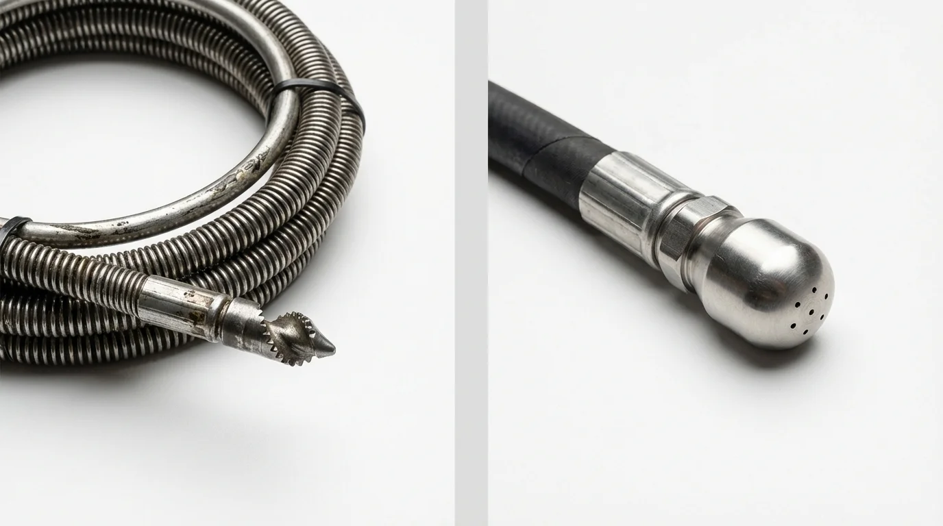 Drain snake cable and hydro jetting nozzle used for drain cleaning in Estell Manor, NJ