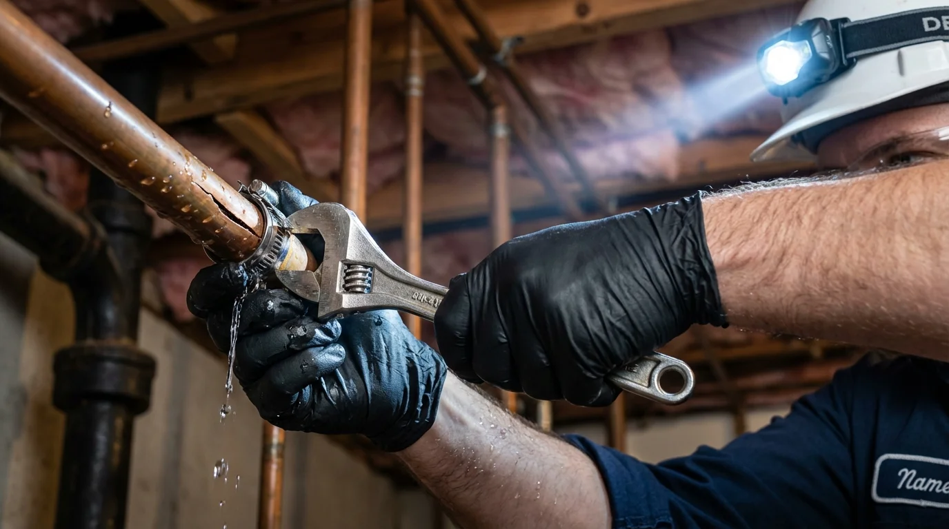 Emergency pipe clamp repair being performed by a Johns Plumbing LLC plumber in Estell Manor