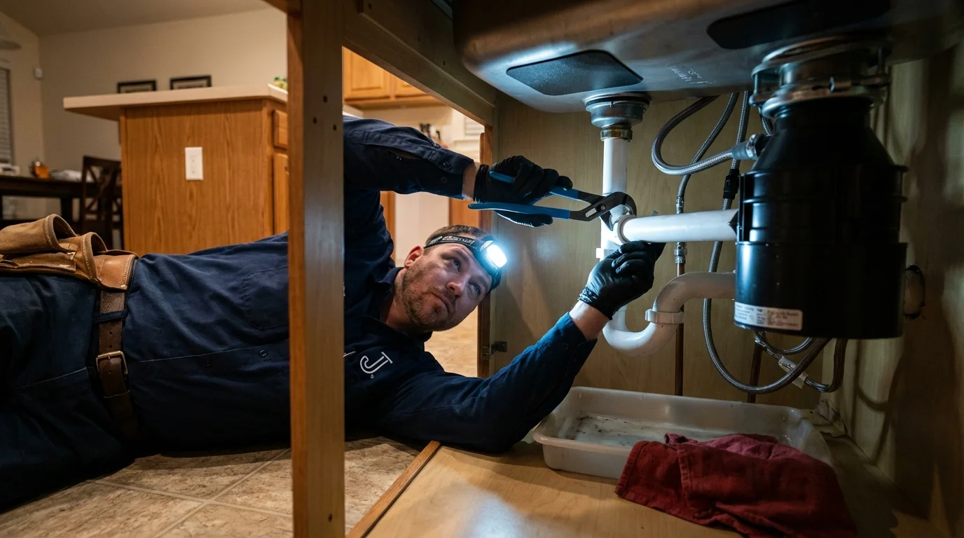 P-trap and supply line connections under a kitchen sink showing a common leak point in Estell Manor, NJ